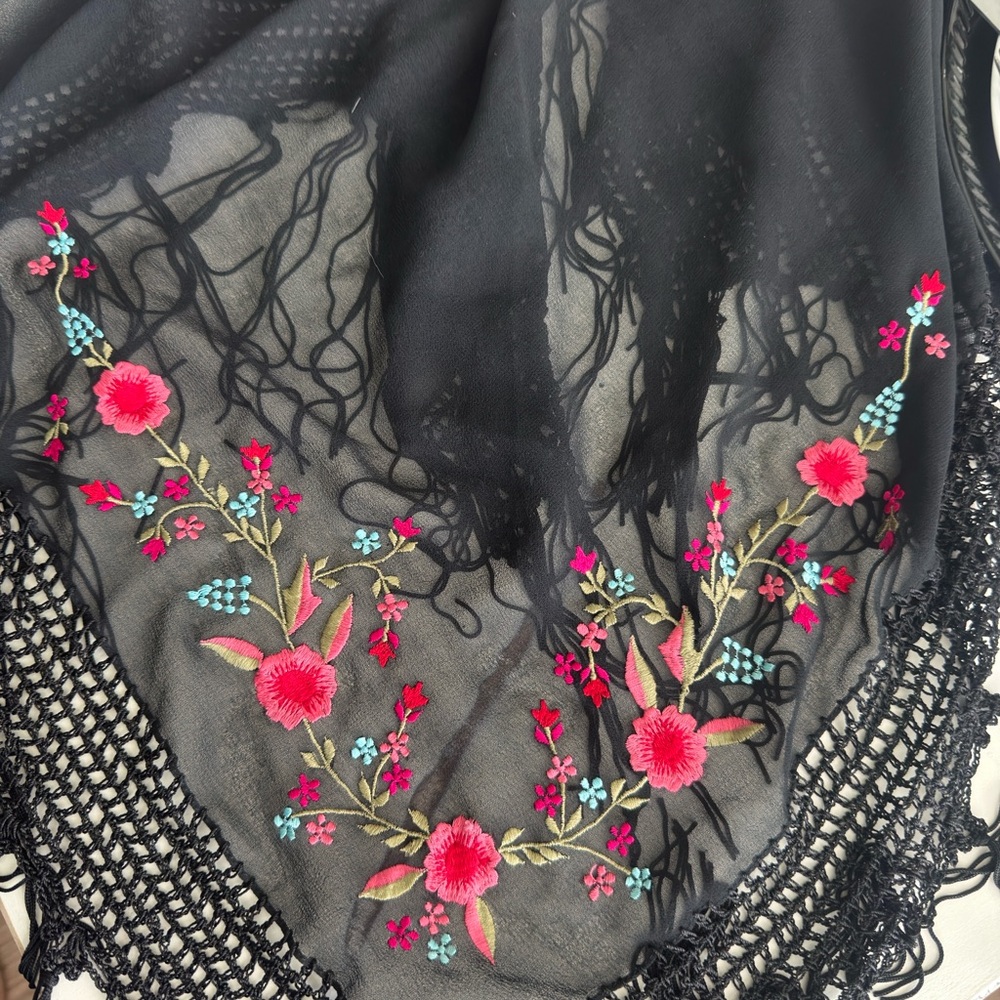 Collection XIIX Black Scarf with Vibrant Floral Embroidery.     (F)